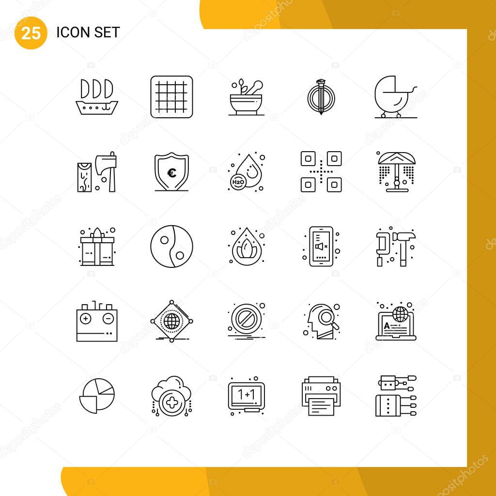 Modern Set of 25 Lines Pictograph of axe, carriage, hospital, buggy, graduate Editable Vector Design Elements