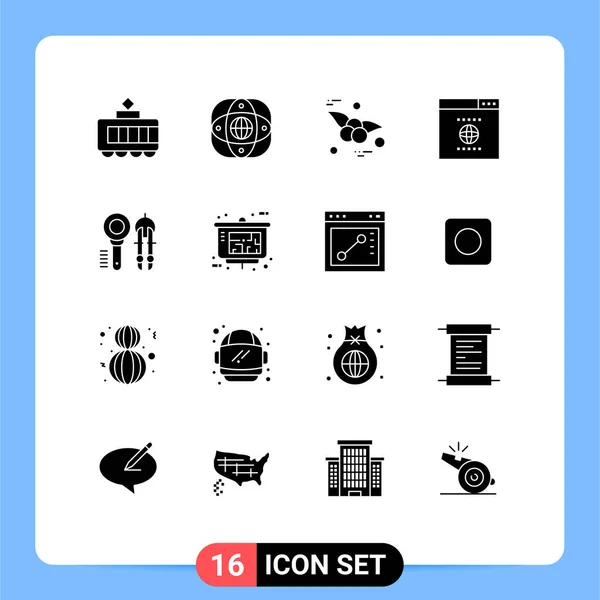 Webおよびモバイルアプリケーション用に設定された16のユニバーサルソリッドグリフツール デザイン チェリー Seo編集可能なベクトルデザイン要素 — ストックベクタ