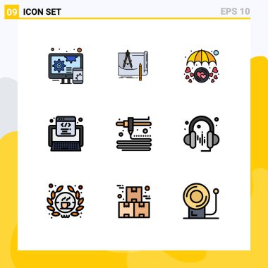 Web ve Mobil Uygulamalar için 9 Evrensel Filledline Düz Renkleri Ağ, Geliştirme, Planlama, Kod, Korunabilir Vektör Tasarım Elemanları