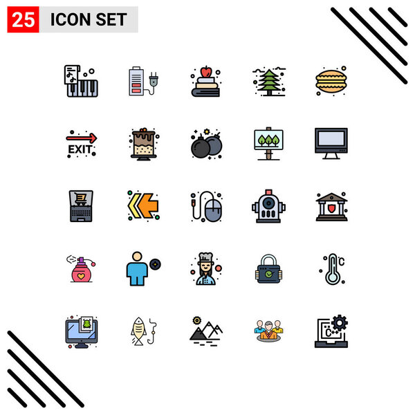 Set of 25 Commercial Filled line Flat Colors pack for food, dinner, book, cafe, leaf Editable Vector Design Elements