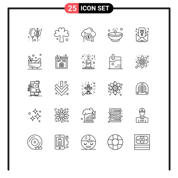 一组25行符号和符号 用于灯 Diwali 箭头可编辑矢量设计元素 — 图库矢量图片