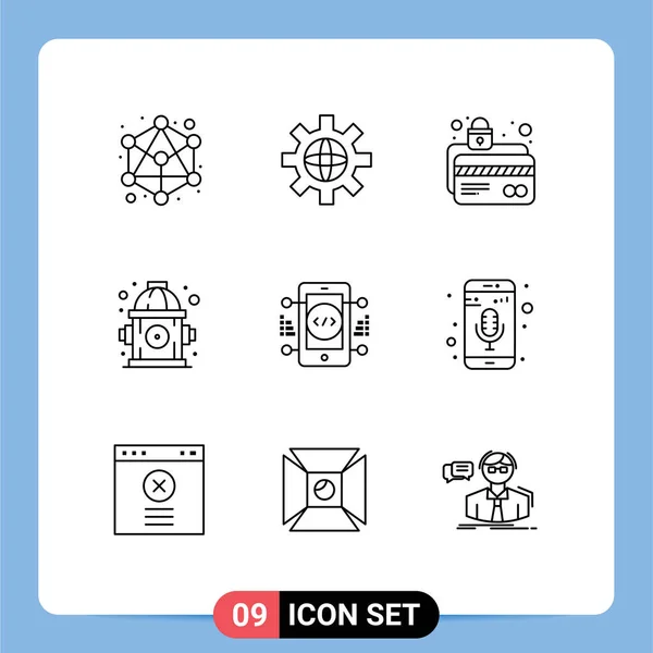 Pictogram Set Simple Outlines Online Coding Card Protection Water Fire — 스톡 벡터