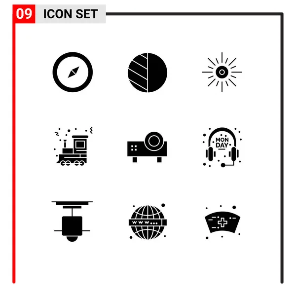 Grupp Moderna Solid Glyphs Set För Projektor Multimedia Morgon Tåg — Stock vektor