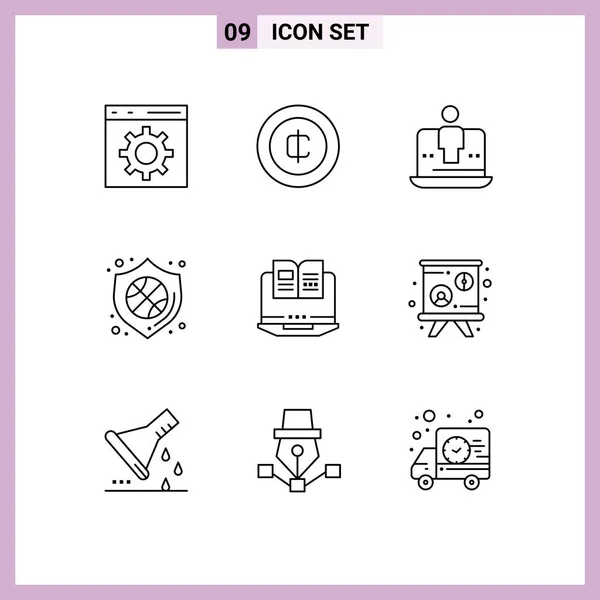 Thematic Vector Outlines Editable Sysymbols Laptop Shield Computer Security Marketing — Vector de stock