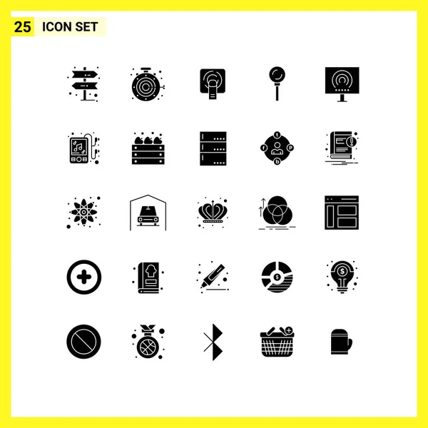 Modern Set Solid Glyphs Pictograph Radio Desktop Tuch Nyalóka Élelmiszer — Stock Vector