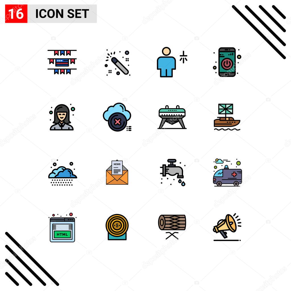 16 Thematic Vector Flat Color Filled Lines and Editable Symbols of student, female, human, turn on, switch Editable Creative Vector Design Elements