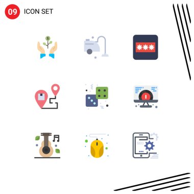 9 Evrensel Harita Sembolleri Düz Renk Paketi, hedef, temizlik, dağıtım, düzenlenebilir vektör tasarım elementleri