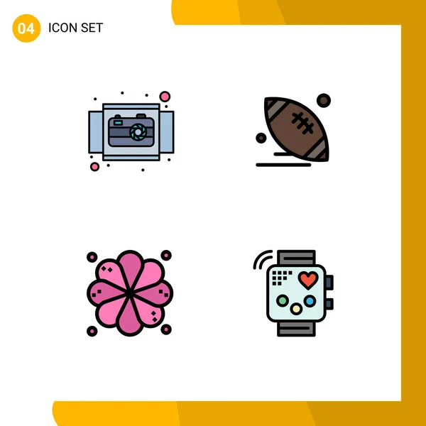 4つの現代的なFilledlineフラットカラーのグループカメラ ゲーム ボール スパのためのセット編集可能なベクトルデザイン要素 — ストックベクタ