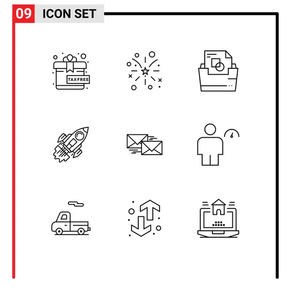 Set Modern Icons Symbols Signs Mail Mission Document Folder Launch — Stock Vector