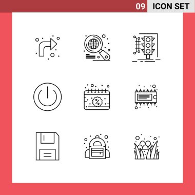 Takvim, aygıt, yönetim, elektronik, düğme düzenlenebilir vektör tasarım elementleri gibi Web Yazdırma Ortamı için 9 Modern Taslak İşaretleri ve Sembolden oluşan paket