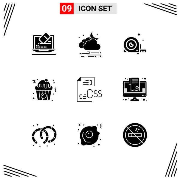 Set Commercial Solid Glyphs Pack Coding Food Cloud Cupcake Ruler — Archivo Imágenes Vectoriales