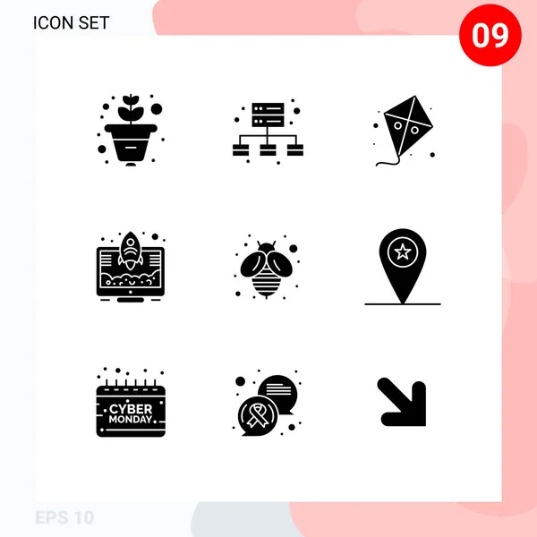 Mobile Interface Solid Glyph Set Pictograms Army Fly Kite Bee — Stock Vector