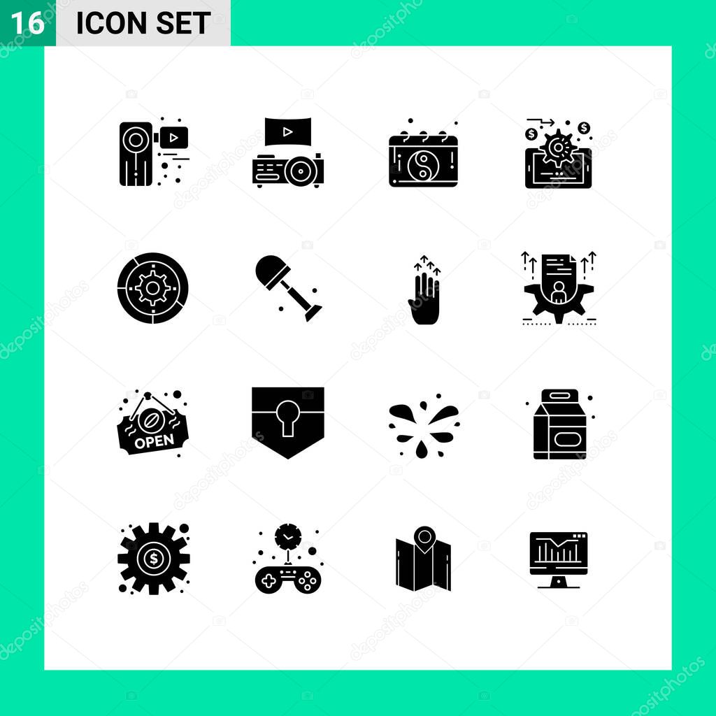 Modern Set of 16 Solid Glyphs and symbols such as setup, gear, calendar, online evaluation, analytics Editable Vector Design Elements