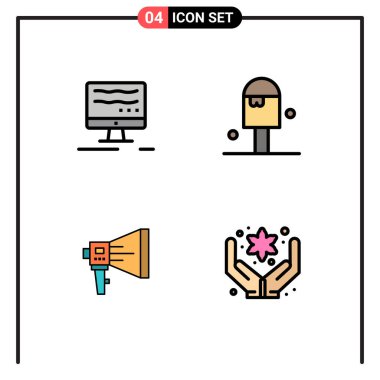 Bilgisayar, hoparlör, plaj, yaz, megafon, düzenlenebilir vektör tasarım elementleri için 4 Ticari Filledline Düz Renk seti paketi