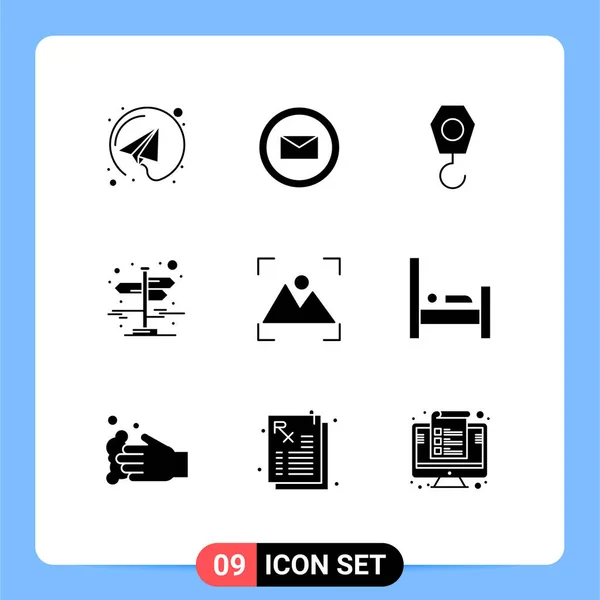 Set Commercial Solid Glyphs Pack Bed Photo Hook Focus Left — Archivo Imágenes Vectoriales