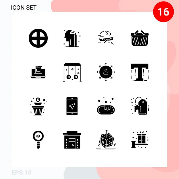 Set Vector Solid Glyphs Grid Communication Shopping Air Ecommerce Basket — Vector de stock