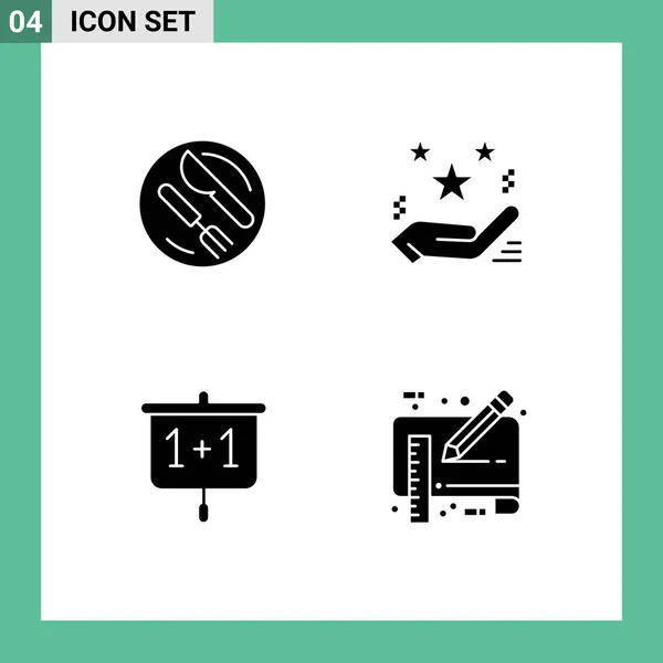 Group Modern Solid Glyphs Set Lunch Chart Knife Star Presentation — Stock Vector