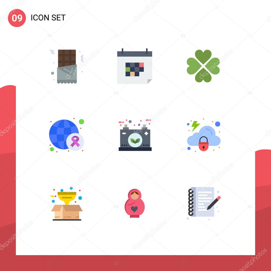 9 Thematic Vector Flat Colors and Editable Symbols of battery, day, heart, cancer, gift Editable Vector Design Elements