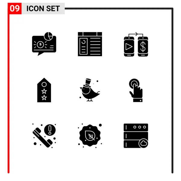Glyphe Interface Mobile Ensemble Pictogrammes Oiseau Étiquette Site Web Étoile — Image vectorielle