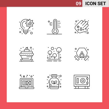 Mobil ve Uygulamalı Web Siteleri için 9 Özet Konsepti Kek yiyecekler, doğum günü, güneş, fırın, eczane Düzenlenebilir Vektör Tasarım Elementleri