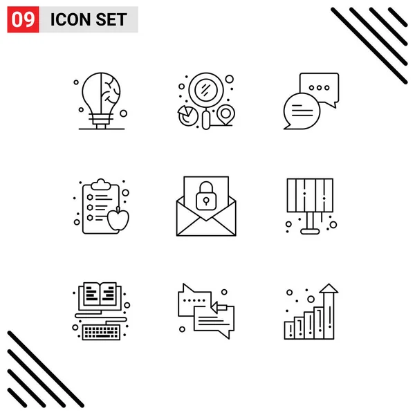 Set Modern Icons Sysymbols Signs Lock Email Chat Communication Diet — Vector de stock