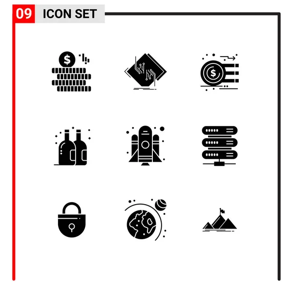 Universal Icon Symbols Gruppo Moderni Glifi Solidi Astronave Estate Analisi — Vettoriale Stock