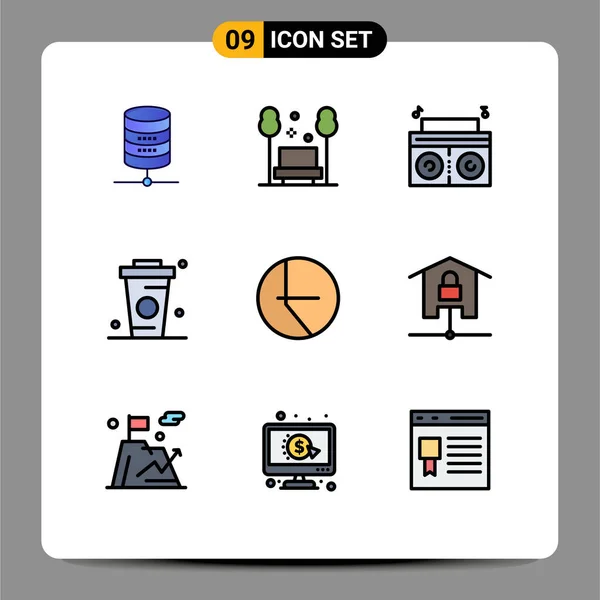 現代的な9つのファイルラインフラットカラーのセットとチャート ドリンク ドリンク コーヒーなどのシンボル編集可能なベクトルデザイン要素 — ストックベクタ