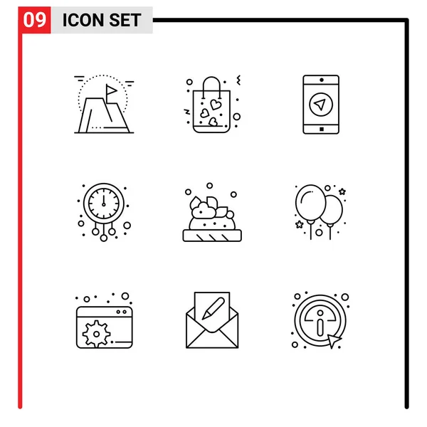 Webおよびモバイルアプリケーション用に設定された9つのユニバーサルアウトラインウォッチ ショッピング 真夜中 ポインタ編集可能なベクトルデザイン要素 — ストックベクタ