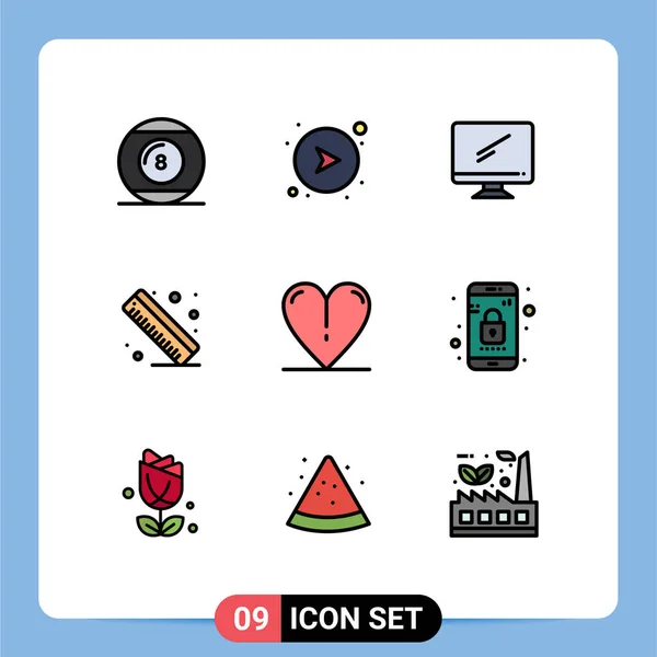 Set Modern Icons Sysymbols Signs Heart Ruler Right Measure Imac — Archivo Imágenes Vectoriales