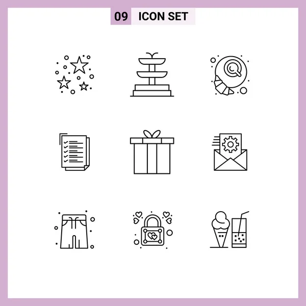 Set Vector Outlines Grid Gift Box Croissant Accessories Work Task — Stock Vector