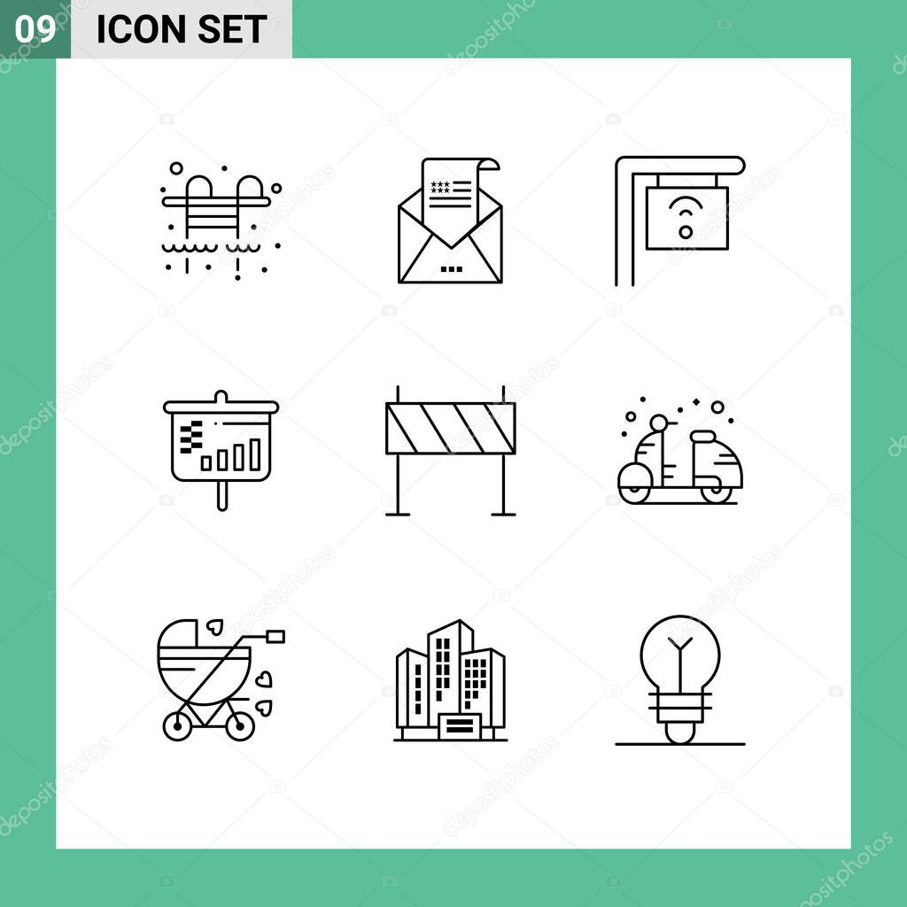 9 Creative Icons Modern Signs and Symbols of obstacle, buildings, cafe, barrier, projector Editable Vector Design Elements