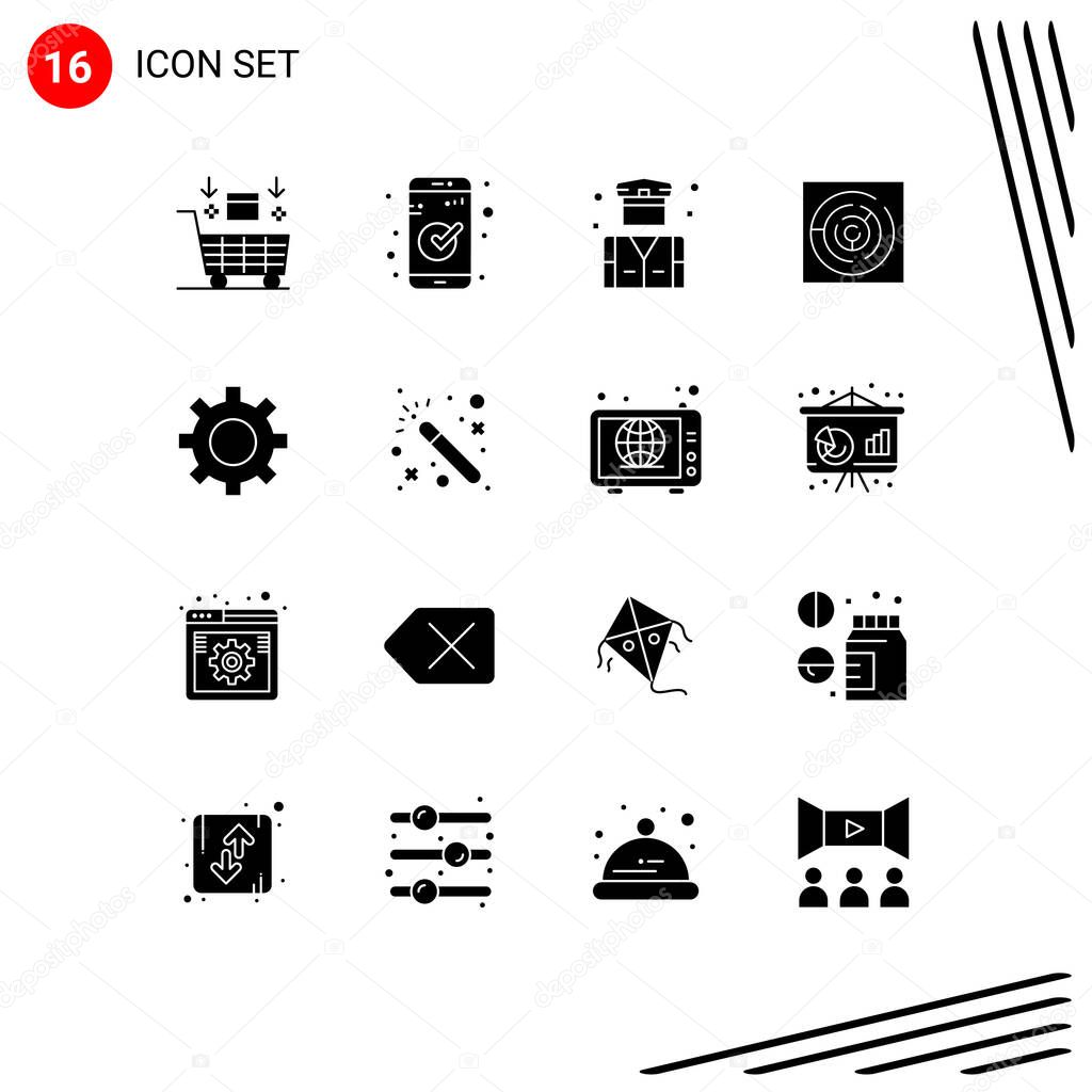 Solid Glyph Pack of 16 Universal Symbols of setting, labyrinth, ui, circle maze, security Editable Vector Design Elements