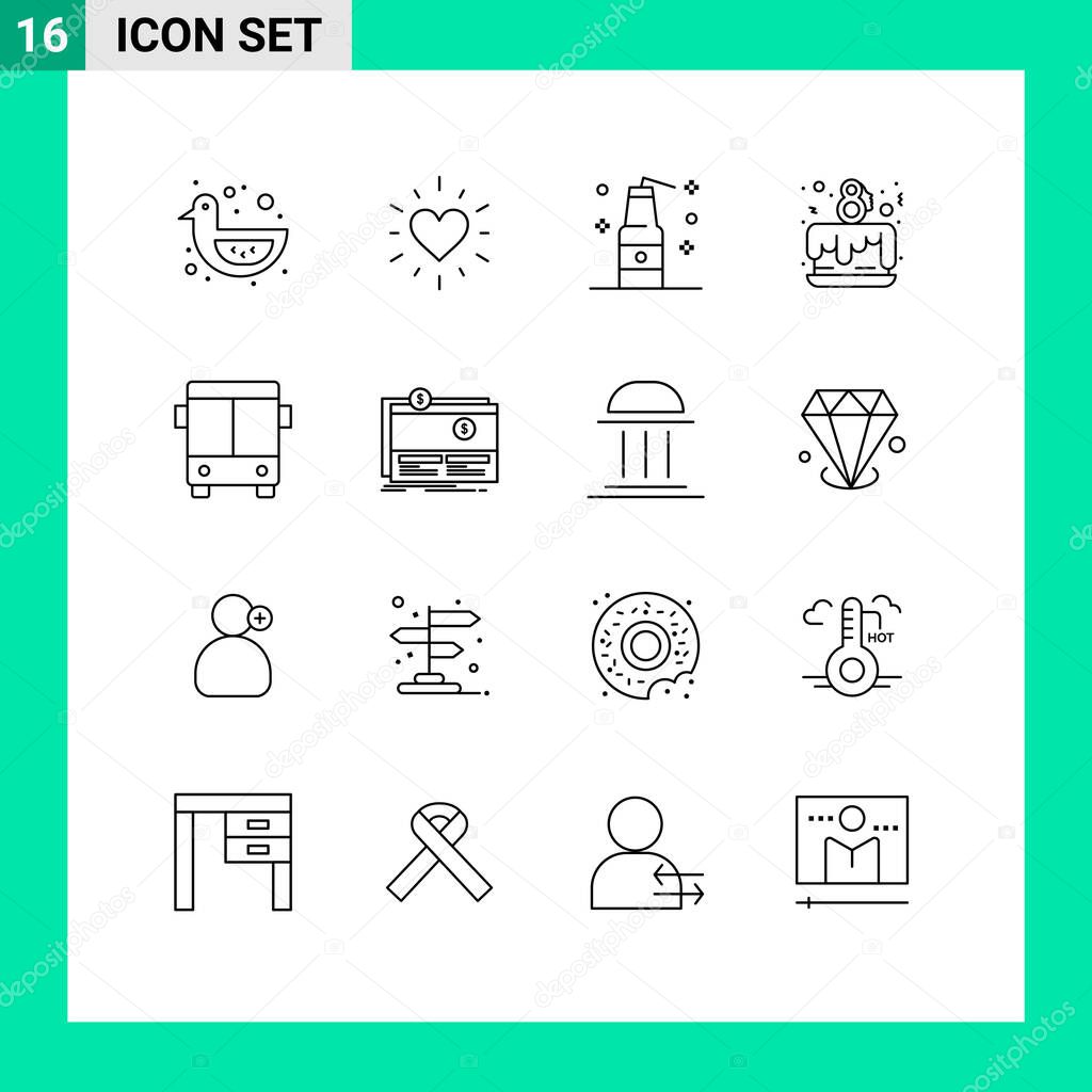 Stock Vector Icon Pack of 16 Line Signs and Symbols for transport, automobile, bottle, celebrate, day Editable Vector Design Elements