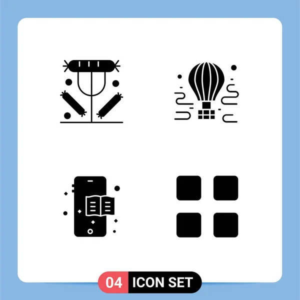 Set Commercial Solid Glyphs Pack Breakfast Balloon Food Airdrop Education — Stock Vector