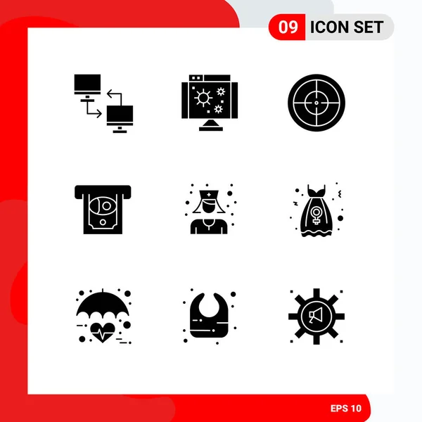 Pictogram Set Simple Solid Glyphs Physician Doctor Virus Money Atm — Stock Vector