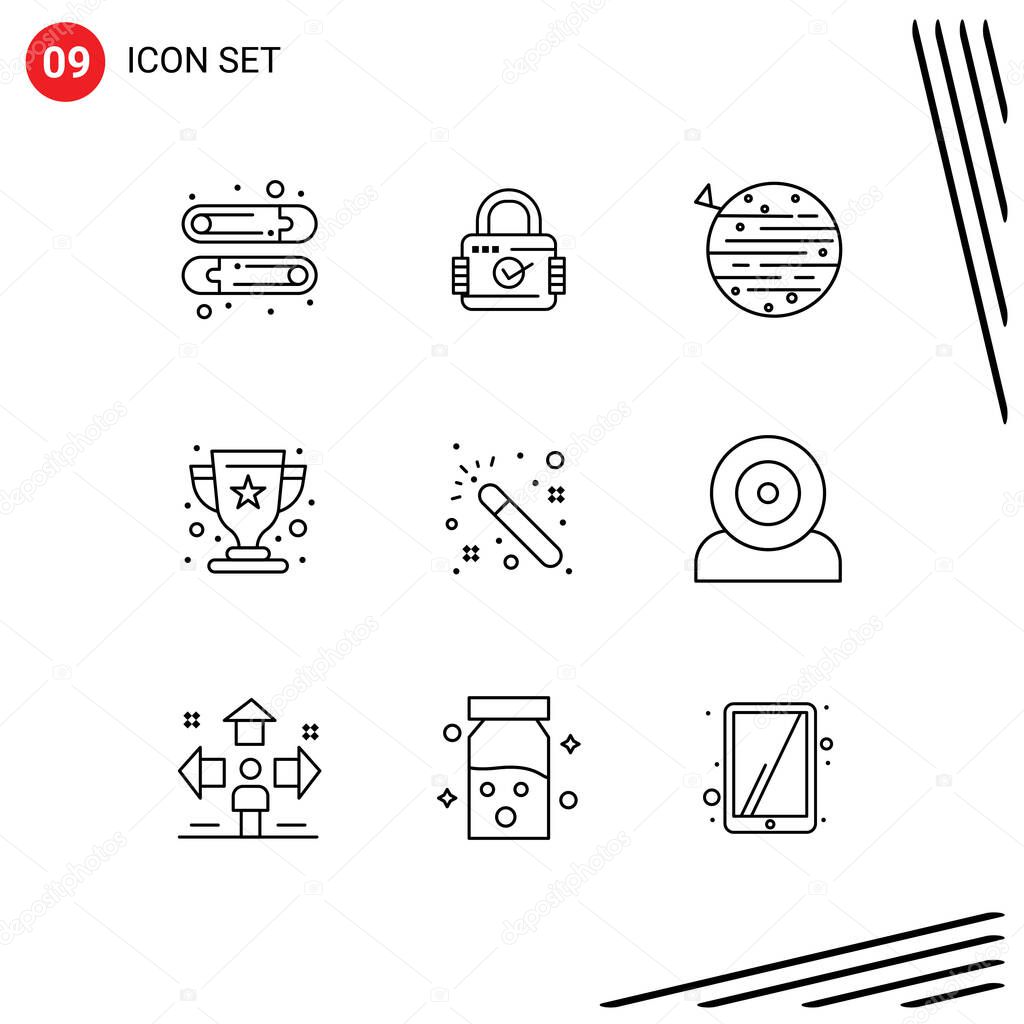 9 Thematic Vector Outlines and Editable Symbols of wizard, champion, planet, winner, cup Editable Vector Design Elements