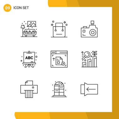 9 Evrensel Özet İşaretleri Arayüz, tahta, alışveriş, abc, fotoğrafçı Düzenlenebilir Vektör Tasarım Elementleri