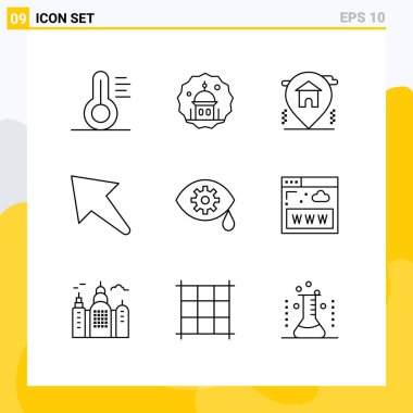 Lazer, düzeltme, konum, yukarı, ok düzenlenebilir vektör tasarım elementleri gibi 9 Özet ve sembolden oluşan modern küme