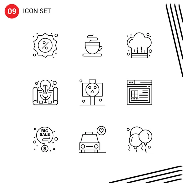 9ユーザーインターフェイスの概要現代的な記号と恐怖 ボード プロジェクト管理 ビジネスアイデアのシンボルのパック編集可能なベクトルデザイン要素 — ストックベクタ