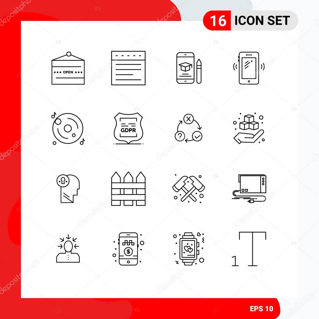 Set of 16 Commercial Outlines pack for signals, mobile, cap, smart phone, pencil Editable Vector Design Elements