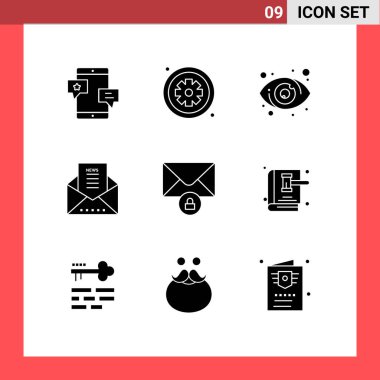 Web siteleri Mobil ve Uygulamalar bülteni, e-posta dökümanı, hastane, e-posta, kullanıcı düzenlenebilir vektör tasarım elemanları için 9 Solid Glyph kavramı