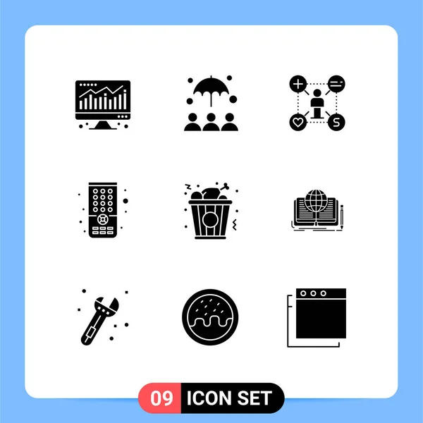 Set Commercial Solid Glyphs Csomag Írás Élelmiszer Mint Gyorsétterem Távoli — Stock Vector