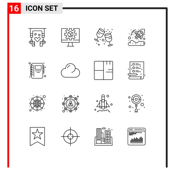 Universal Icon Symbols Grupo Esbozos Modernos Notebook Startup Cumpleaños Inversión — Vector de stock