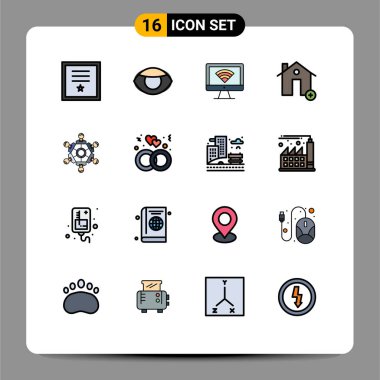 16 Evrensel Sembolden oluşan Düz Renkli Satır Paketi, yeni, gayrimenkul, görüş, binalar, Düzenlenebilir Yaratıcı Vektör Tasarım Elementleri sinyali