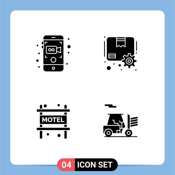 Pack Creative Solid Glyphs Camera Motel Mobile Recording Parcel Forklift — Stock Vector