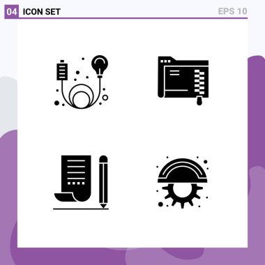 Mobil ve Uygulamalar için 4 Solid Glyph konsepti adaptörü, not defteri, enerji, sunucu, not defteri düzenlenebilir vektör tasarım elemanları