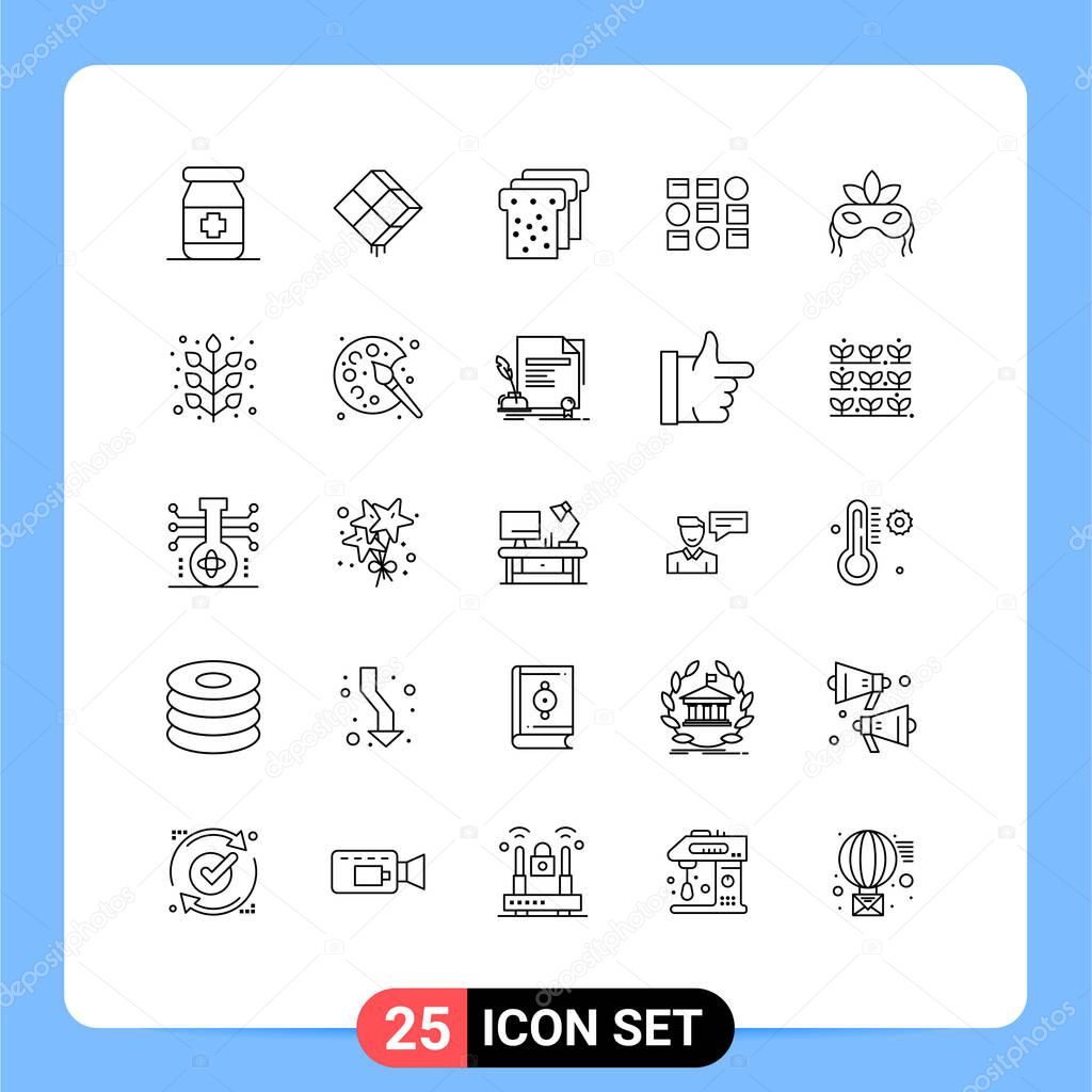 25 User Interface Line Pack of modern Signs and Symbols of venetian, mask, bread, pattren system, system Editable Vector Design Elements