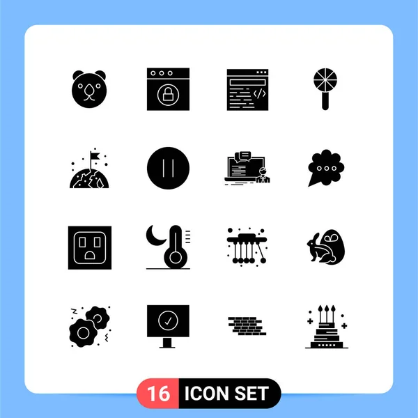 Mobile Interface Solid Glyph Set Pictograms Flag Globe Text Earth — Stock Vector