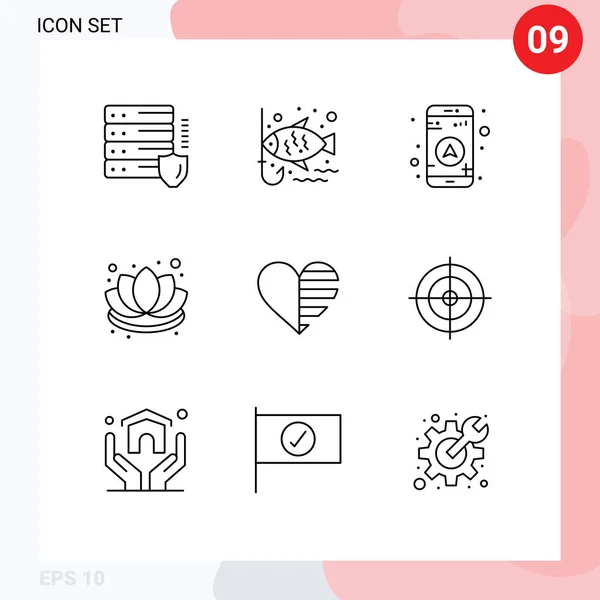 Contorno Interface Móvel Conjunto Pictogramas Coração Gps Lótus Decorações Elementos — Vetor de Stock