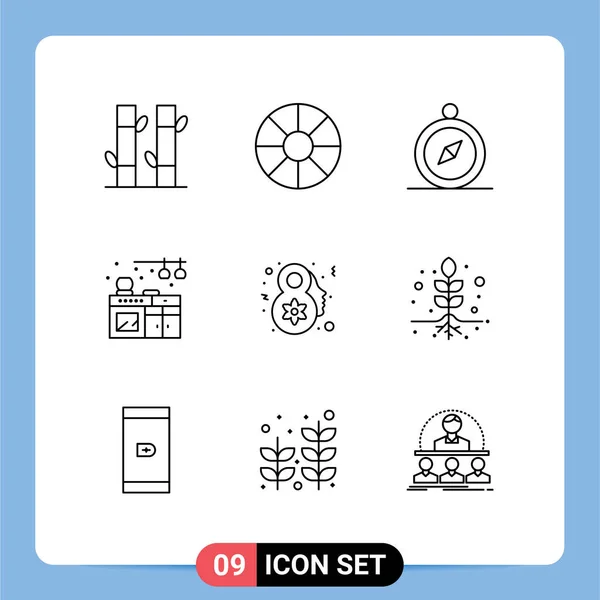 Mobile Interface Outline Set Pictograms Root Celebrate Compass Female Kitchen — Stock Vector